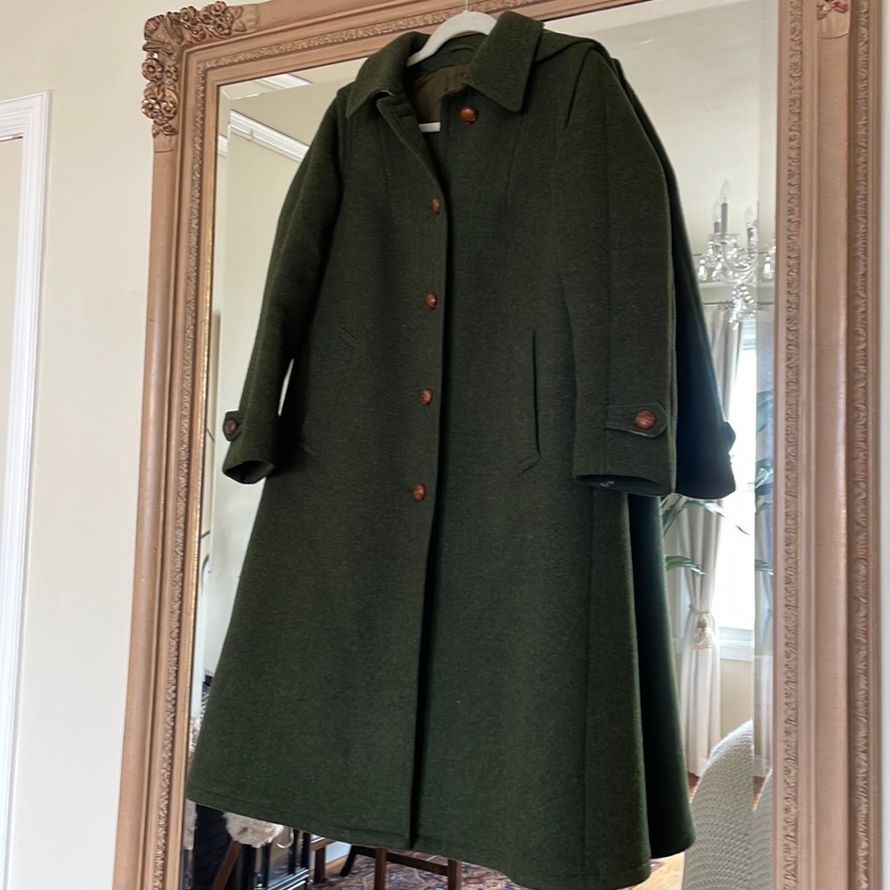 Vintage Loden Frey Green Wool Trench Coat with hood